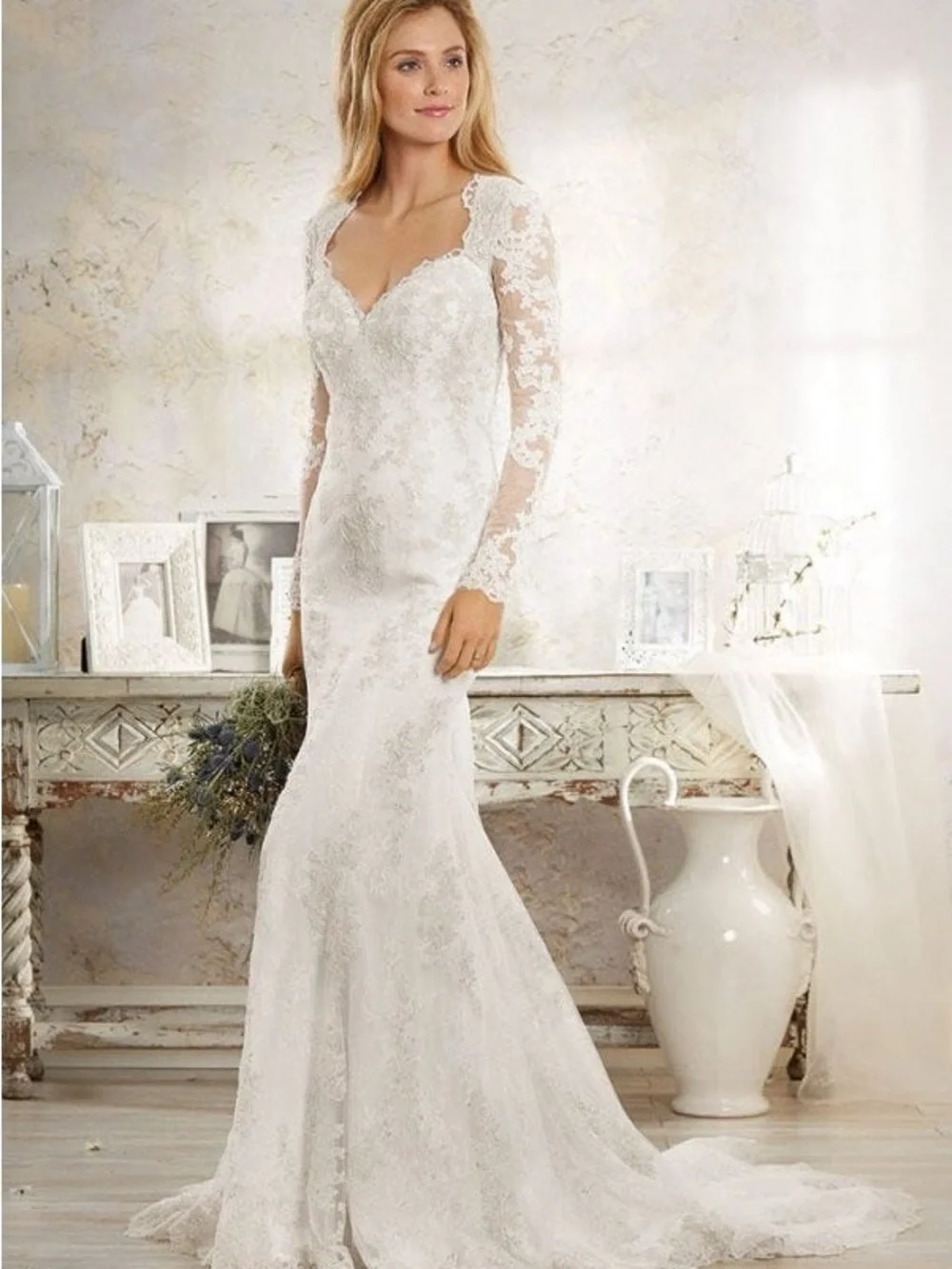 Alfred Angelo White Lace Backless Long Sleeve Bridal Wedding Gown 16 - Picture 14 of 15